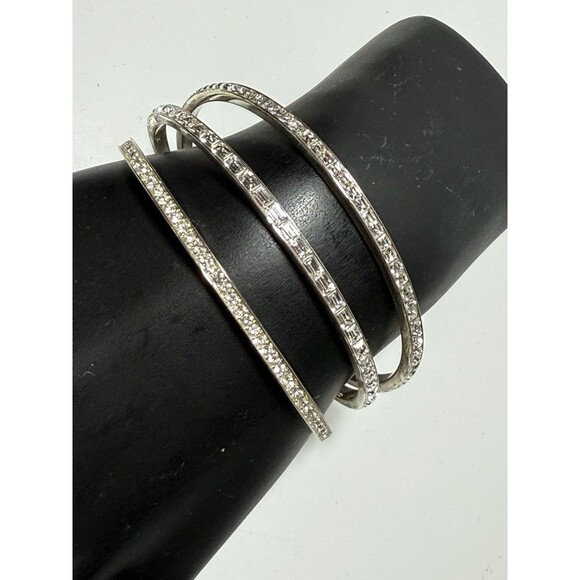 Juicy Couture 3 Layer Silver Tone Rhinestone Crystal Cuff Bracelet - Picture 1 of 9